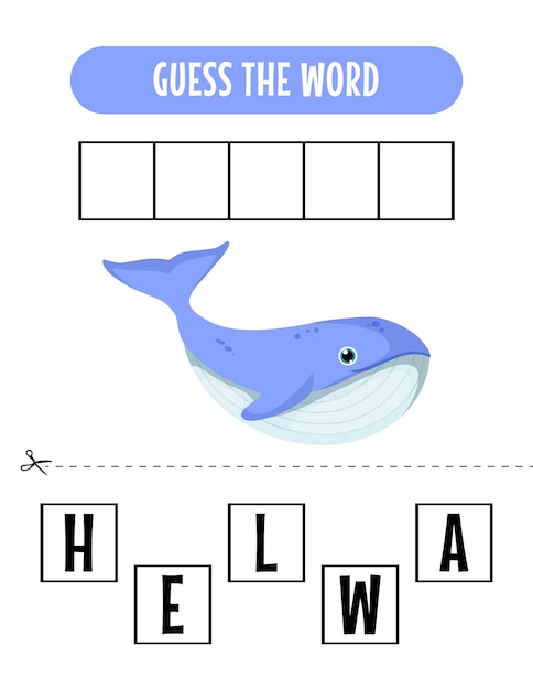 Juego de ortografía para niños con ilustración de ballena.