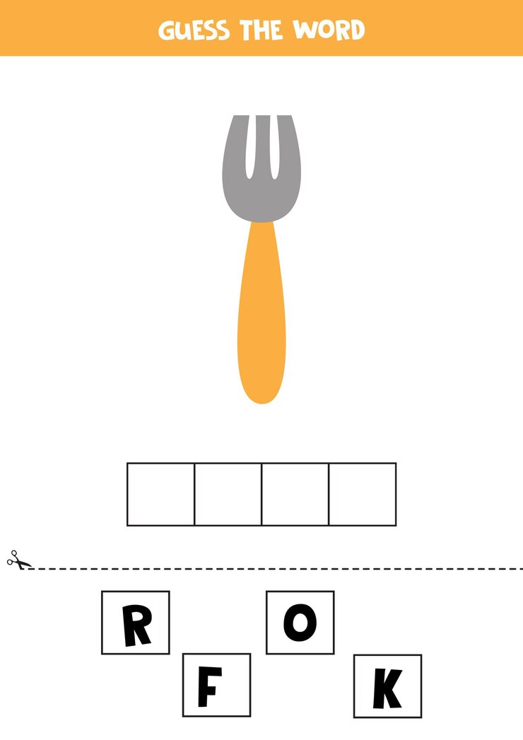 Vector juego de ortografía para niños lindo tenedor de dibujos animados