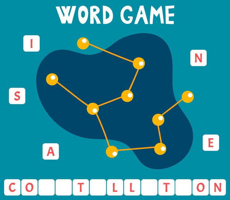 Vector juego de palabras scrabble que se organiza en palabras con texto tema espacial constelación