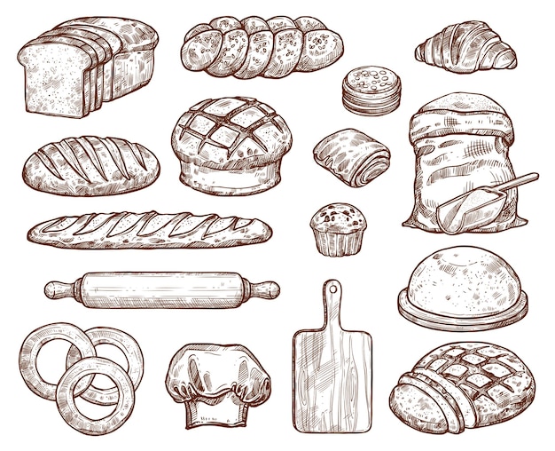 Vector juego de panadería con muchos tipos de pan fresco.