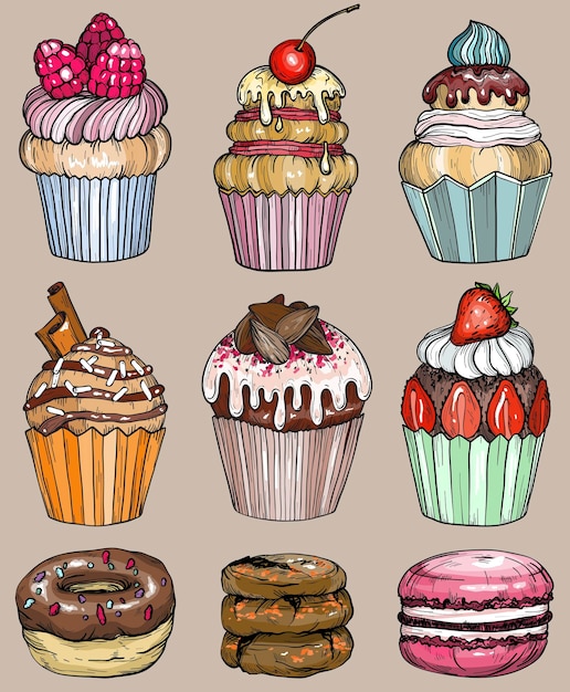 Vector juego de panadería de pasteles y cupcakes