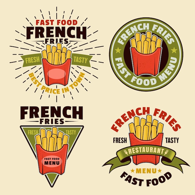 Juego de papas fritas de cuatro vectores coloridos emblemas insignias etiquetas adhesivas o logotipos en estilo de dibujos animados sobre fondo claro