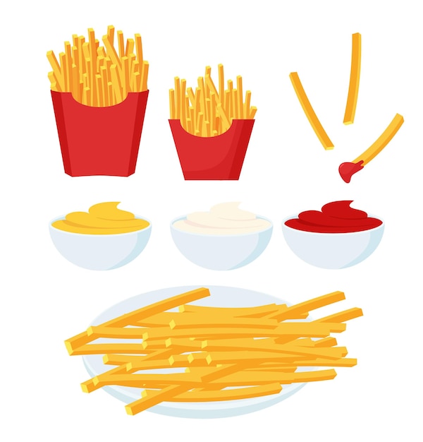 Juego de papas fritas Palitos de patata en envases de papel ketchup mayonesa salsas de mostaza aisladas en blanco Ilustración vectorial para el concepto de comida rápida snack street food