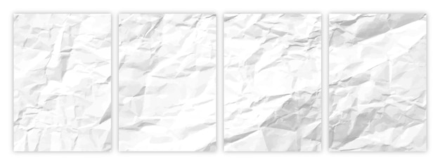 Vector juego de papel blanco arrugado en formato a4. hojas de papel vacías arrugadas con sombra para carteles y pancartas. ilustración vectorial