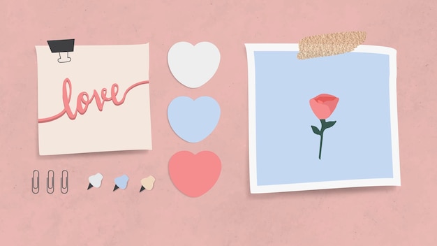 Vector juego de papel de carta con tema de amor con alfileres y clips en vector de fondo con textura rosa