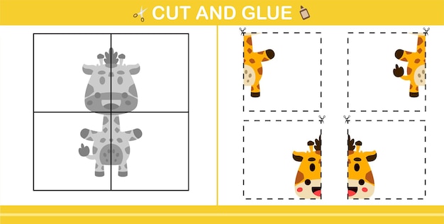 Juego de papel educativo de jirafa linda de dibujos animados para jardín de infantes y preescolar. Juego de cortar y pegar