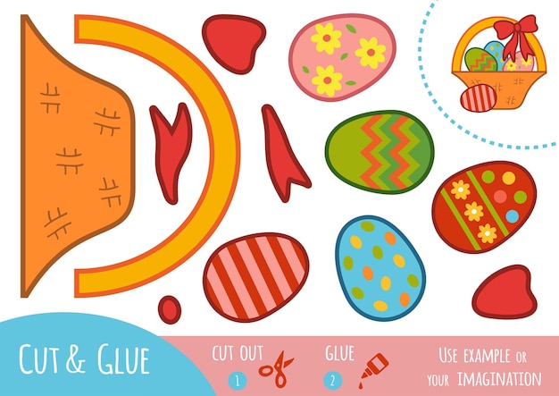 Juego de papel educativo para niños, cesta de Pascua con huevos de colores. Usa tijeras y pegamento para crear la imagen.