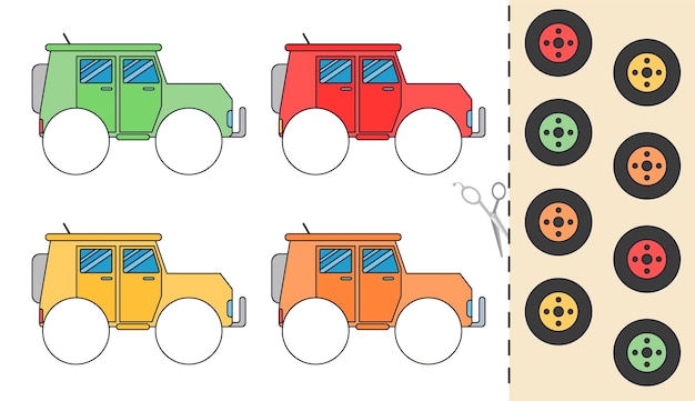 Vector juego de papel educativo para niños en edad preescolar tomar ruedas por el color de la ilustración del coche para imprimir en