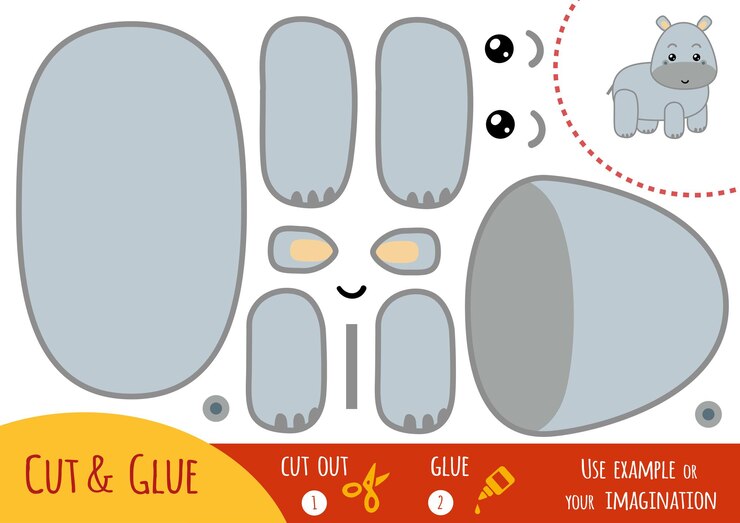 Vector juego de papel educativo para niños, hipopótamo. usa tijeras y pegamento para crear la imagen.