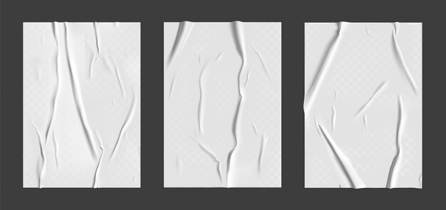 Juego de papel encolado con efecto arrugado transparente húmedo sobre fondo gris. plantilla de cartel de papel mojado blanco con textura arrugada. carteles realistas