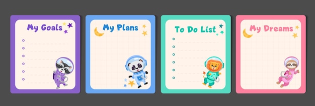 Juego de papelería para niños con planificadores de notas, listas de tareas con lindos animales astronautas en plantillas de trajes espaciales para la planificación de listas de verificación de la agenda del día ilustración plana vectorial con diseño colorido