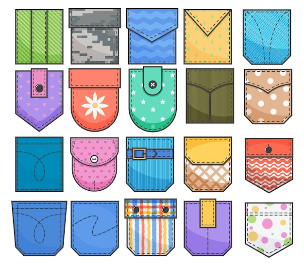 Juego de parches de bolsillo. Elementos para ropa, vestidos y camisas de estilo uniforme o casual.