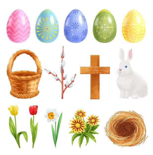 Juego de pascua realista con imágenes aisladas de coloridos huevos ornamentados cesta nido conejito y flores de primavera ilustración vectorial