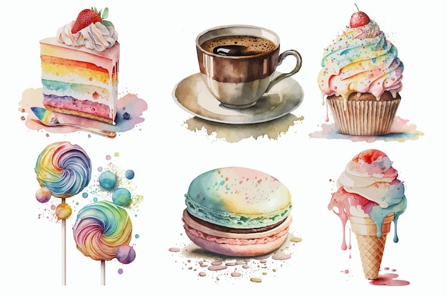 Juego de pasteles helados macarons cupcake piruletas una taza de café en estilo 3d Ilustración vectorial aislada