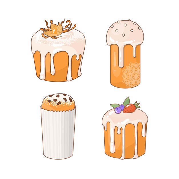 Juego de pasteles de Pascua La celebración tradicional de Pascua en abril Imágenes para decorar la casa en las vacaciones de primavera Pasteles dulces cubiertos con glaseado Ilustración vectorial