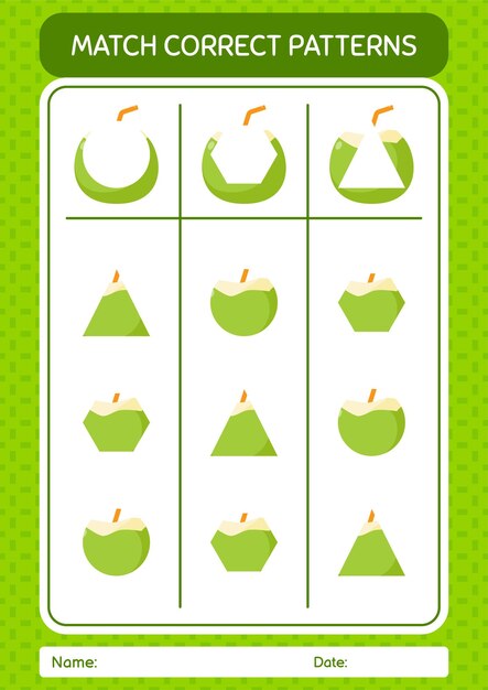 Juego de patrones de coincidencia con hoja de trabajo de coco para niños en edad preescolar hoja de actividades para niños