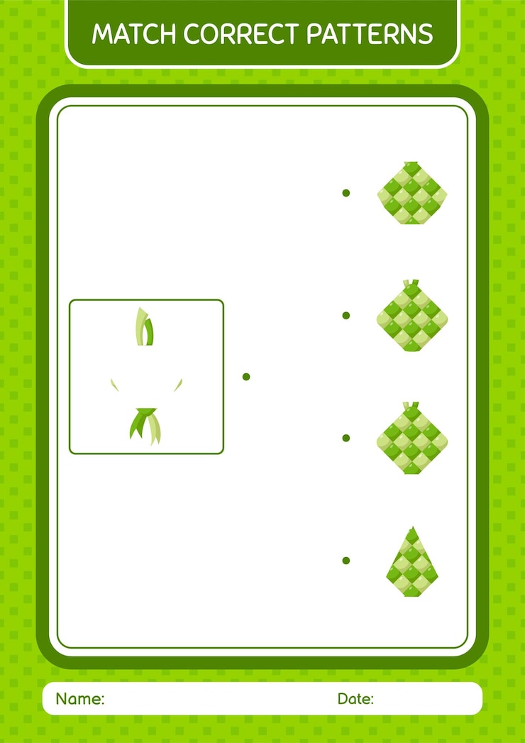 Vector juego de patrones de coincidencia con la hoja de trabajo de ketupat para niños en edad preescolar hoja de actividades para niños