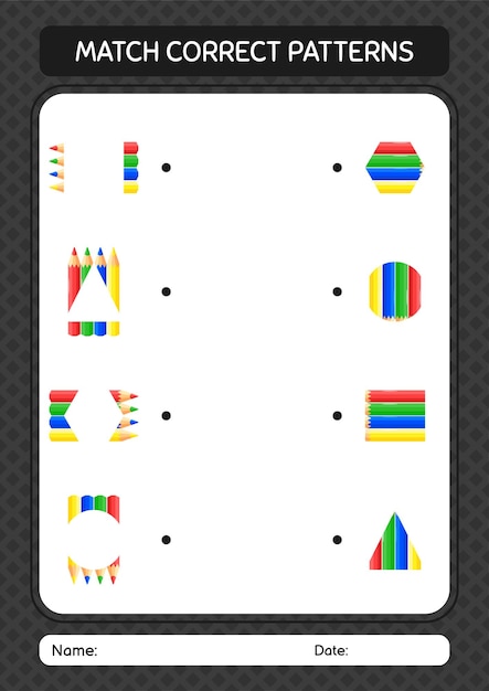 Juego de patrones de coincidencia con hoja de trabajo de lápiz de color para niños en edad preescolar hoja de actividades para niños
