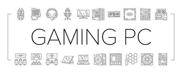 Juego pc gamer computadora en línea iconos conjunto vector