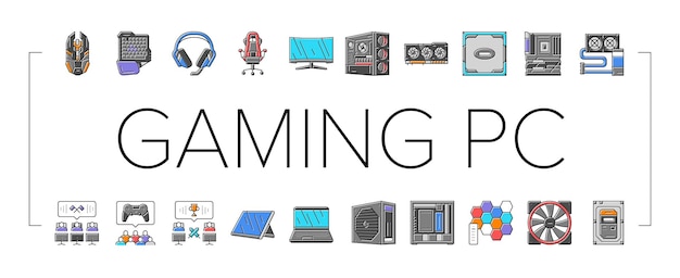 Juego pc gamer computadora en línea iconos conjunto vector