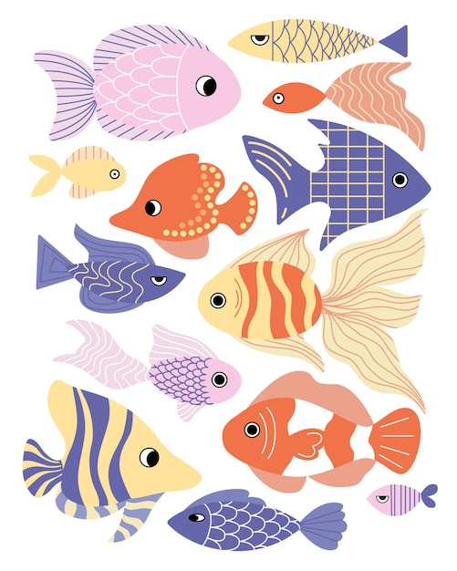 Juego de peces submarinos de mar y océano de dibujos animados. ilustración de vector plano de color infantil