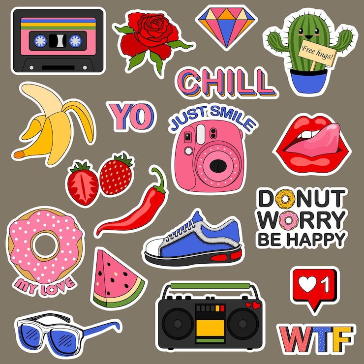 Vector juego de pegatinas para adolescente. ute dibujos animados parches comida arco iris cosas retro y palabras de motivación icono de doodle.