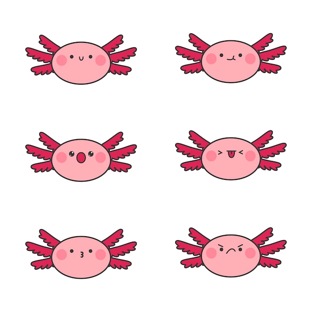 Un juego de pegatinas de ajolote kawaii. lindo axolotl con diferentes personajes sobre un fondo blanco.