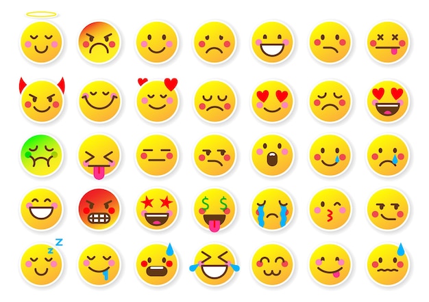 Juego de pegatinas amarillas web emoji facial. sitio web red social mensajero alegre humor triste emociones insignia