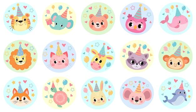 juego de pegatinas con animales divertidos. pegatinas para el cumpleaños de los niños. emblema para el diseño de la n