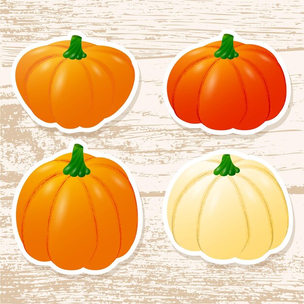 Juego de pegatinas de calabaza para Halloween o Acción de Gracias. Lindas pegatinas con verduras en una madera