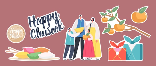 Juego de pegatinas Chuseok Tteok Korean Tradition Theme. Personajes con trajes tradicionales Hanbok, pasteles de arroz Songpyeon y frutos de caqui en la rama de un árbol, la luna. Ilustración de Vector de gente de dibujos animados