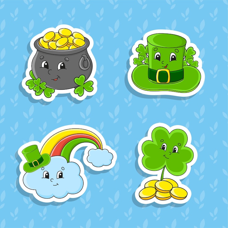 Vector juego de pegatinas de colores brillantes para niños. día de san patricio.