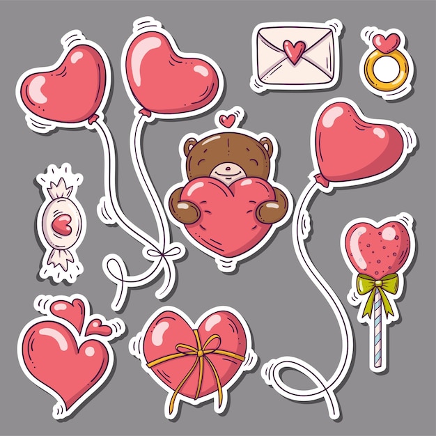 Juego de pegatinas con corazones y otros en estilo doodle