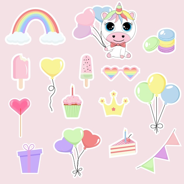 Juego de pegatinas de cumpleaños en color pastel.
