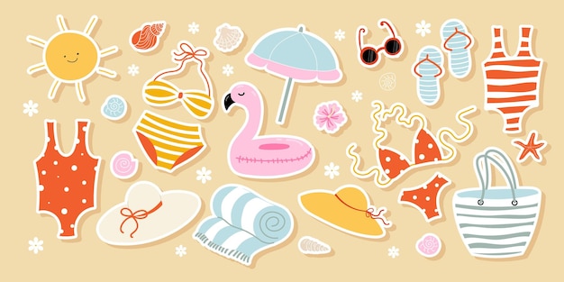 juego de pegatinas de dibujo de verano playa y vacaciones dibujado a mano elementos de dibujo elemental traje de baño flip flops conchas marinas