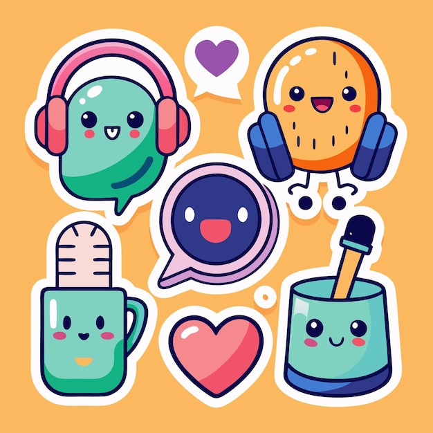 Un juego de pegatinas de dibujos animados con auriculares un micrófono un soporte de lápiz y burbujas de habla