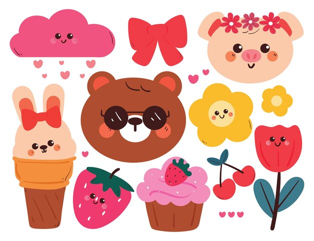 juego de pegatinas de dibujos animados kawaii de dibujo a mano