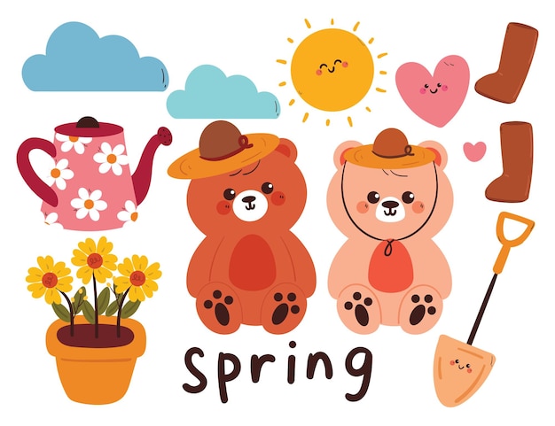 juego de pegatinas de dibujos animados de primavera con osos de caricaturas y juegos de plantas pegatina linda para la primavera