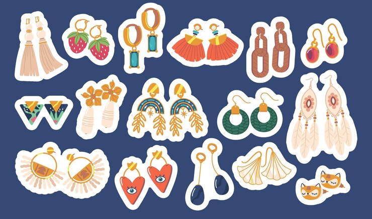 Vector juego de pegatinas con elegantes aretes para cualquier ocasión los accesorios femeninos agregan un toque de elegancia y glamour