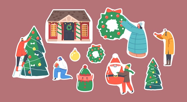 Juego de pegatinas familia feliz decorar casa para navidad. los padres y los niños cuelgan una corona festiva en la puerta de la casa, decoran el abeto, ponen a papá noel y los elfos en el patio. ilustración de vector de gente de dibujos animados