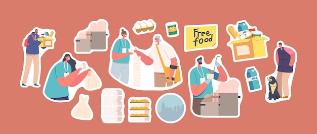 Juego de pegatinas Gente pobre recibiendo comida en refugios Voluntarios distribuyen comidas gratis Ayudando a vagabundos Refugiados Mendigos