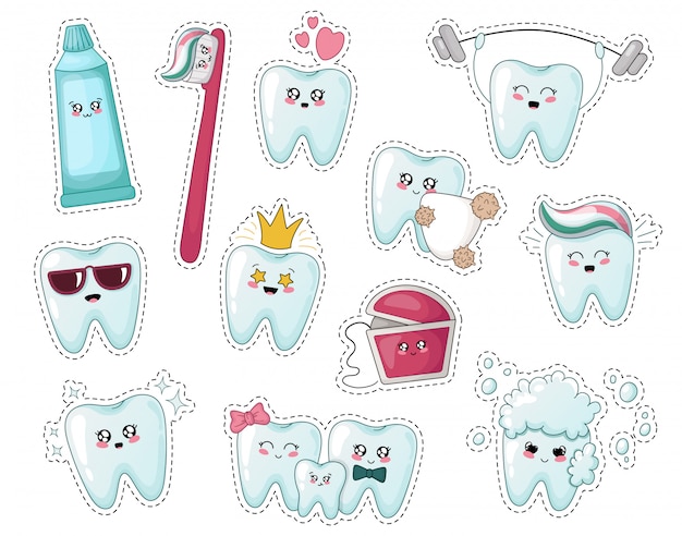 Vector juego de pegatinas kawaii para niños con dientes, pasta de dientes, cepillo de dientes