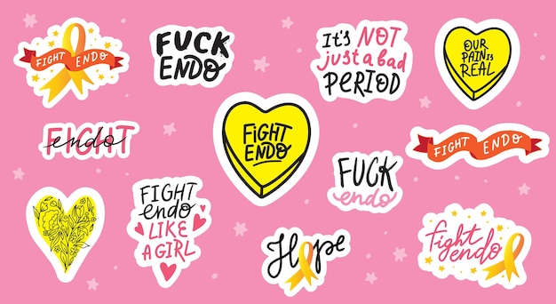 Juego de pegatinas con letras escritas a mano para el Mes de Concientización sobre la Endometriosis de marzo