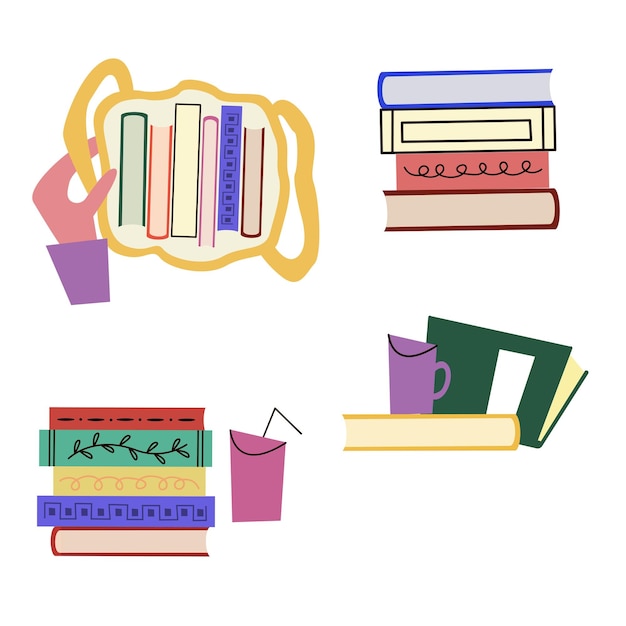 Un juego de pegatinas de libros. Lindo conjunto de amantes de la lectura. Conjunto de elementos decorativos de diseño de vectores.