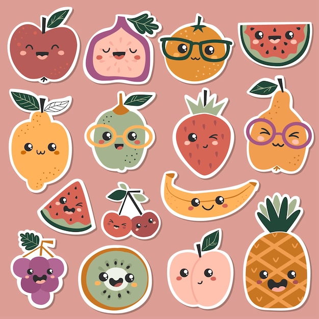 Vector juego de pegatinas con lindas frutas kawaii.