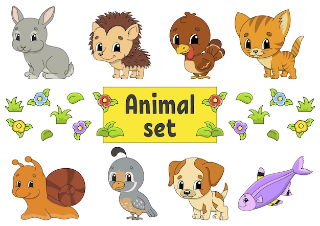 Juego de pegatinas con lindos personajes de dibujos animados. Clipart de animales.