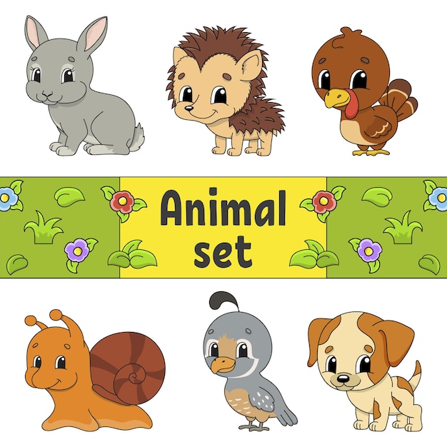 Juego de pegatinas con lindos personajes de dibujos animados. Clipart de animales.