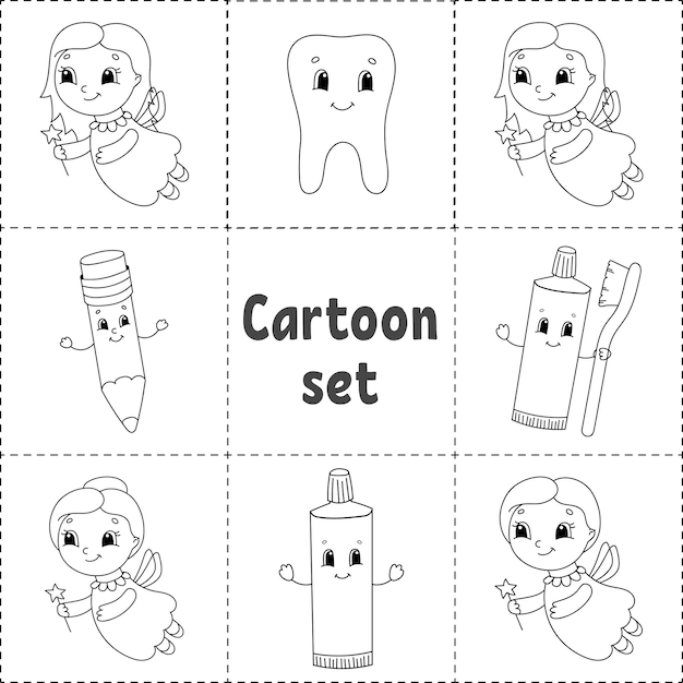 Juego de pegatinas con lindos personajes de dibujos animados. Libro de colorear para niños.
