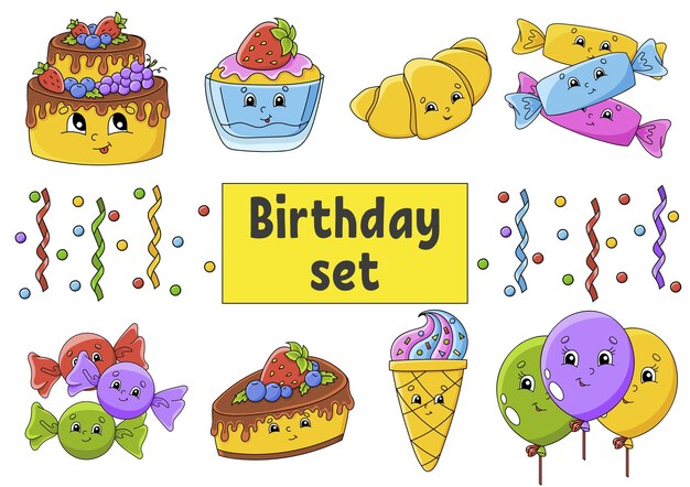 Juego de pegatinas con lindos personajes de dibujos animados. Tema de feliz cumpleaños. Dibujado a mano. Paquete colorido.