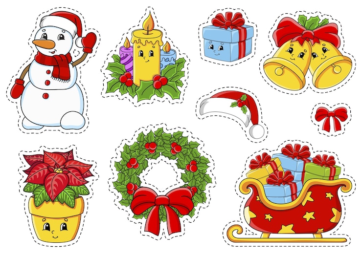 Vector juego de pegatinas con lindos personajes de dibujos animados. tema navideño.
